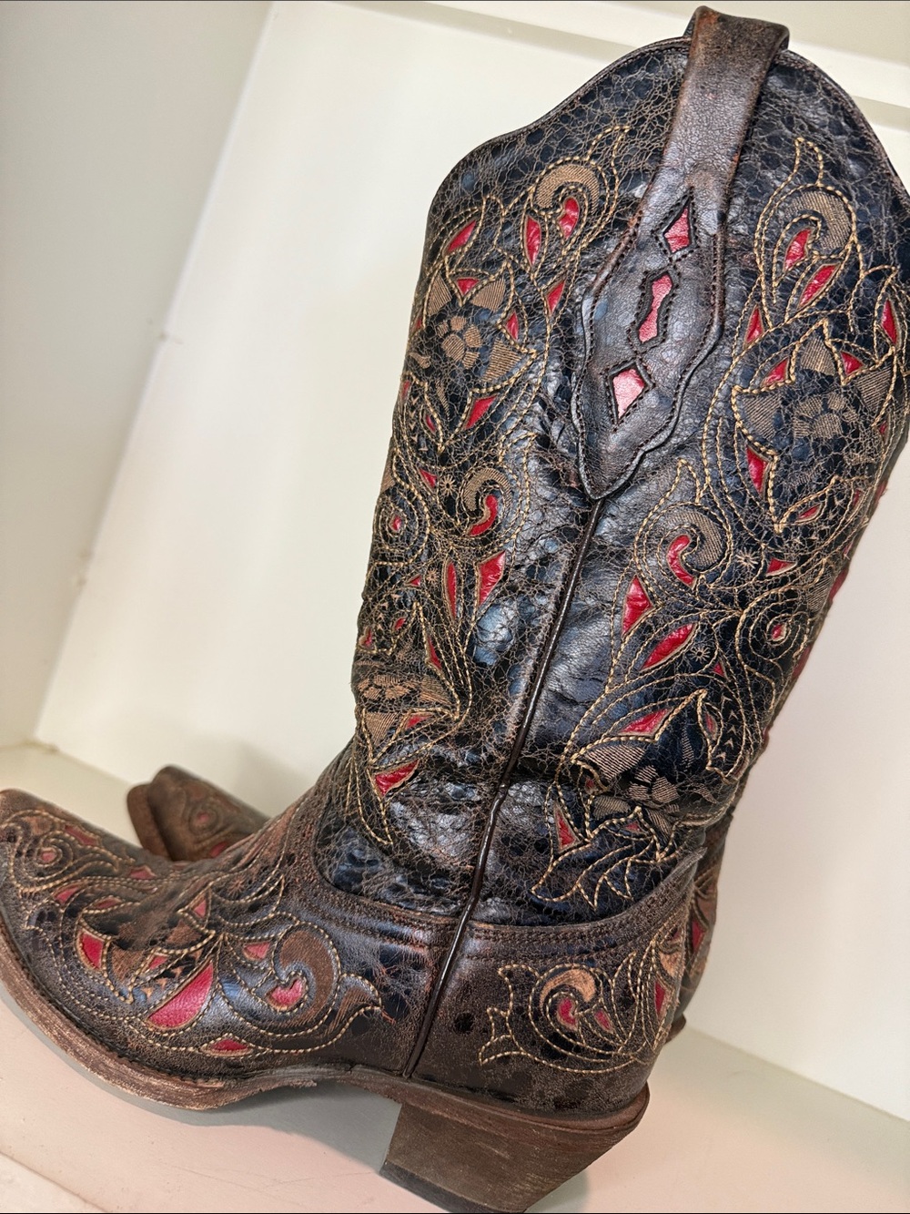 Corral Western Leather Cowgirl Boots with Red Inset Embroidery - Women - Picture 3 of 9